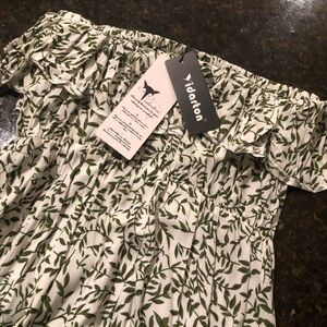 Yidarton Strapless Floral Maxi Dress in Dark Green and White